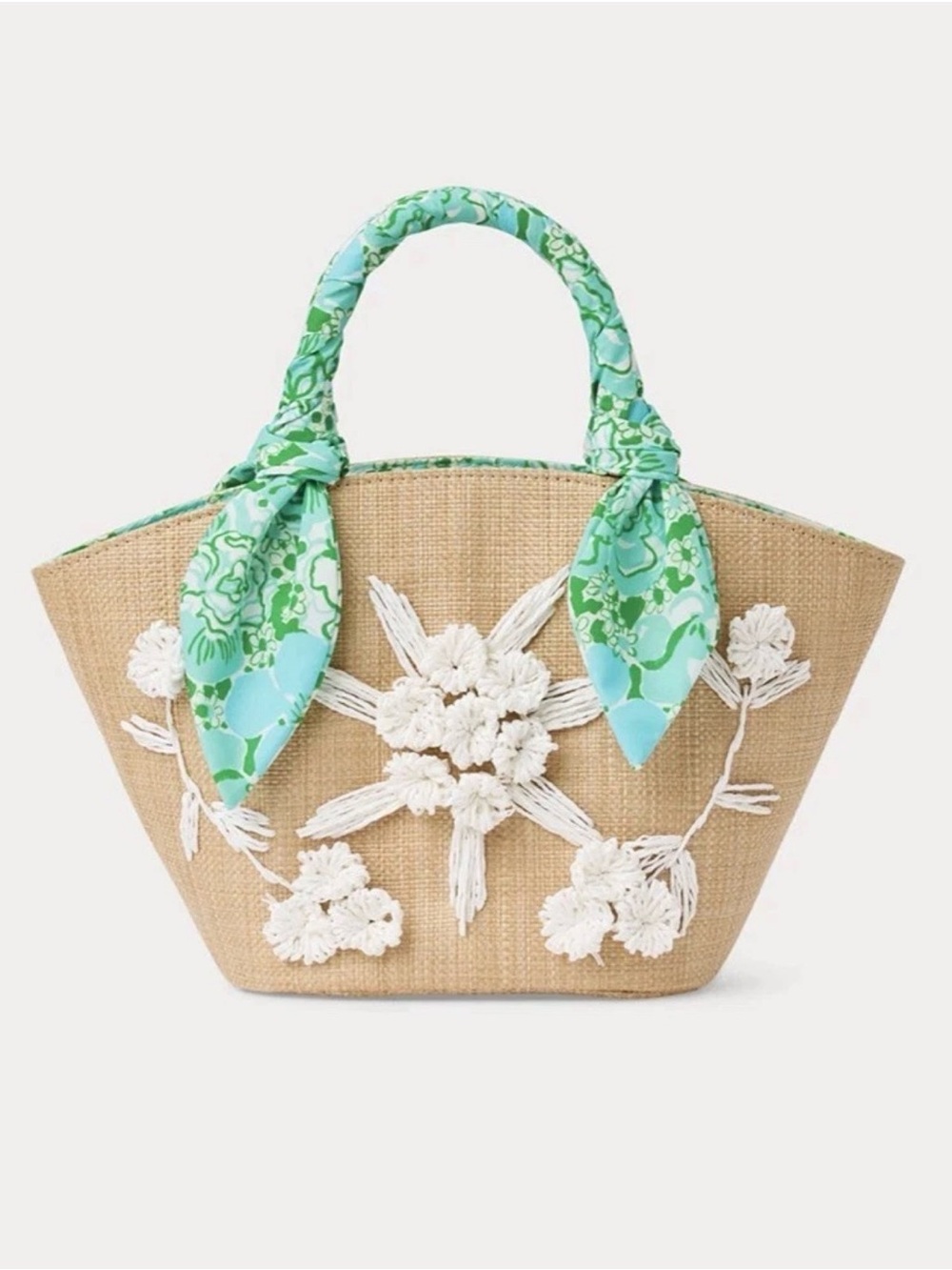 NWT Lilly Pulitzer Woven Straw Tote with Green Floral Scarf Accent ✨💲158
